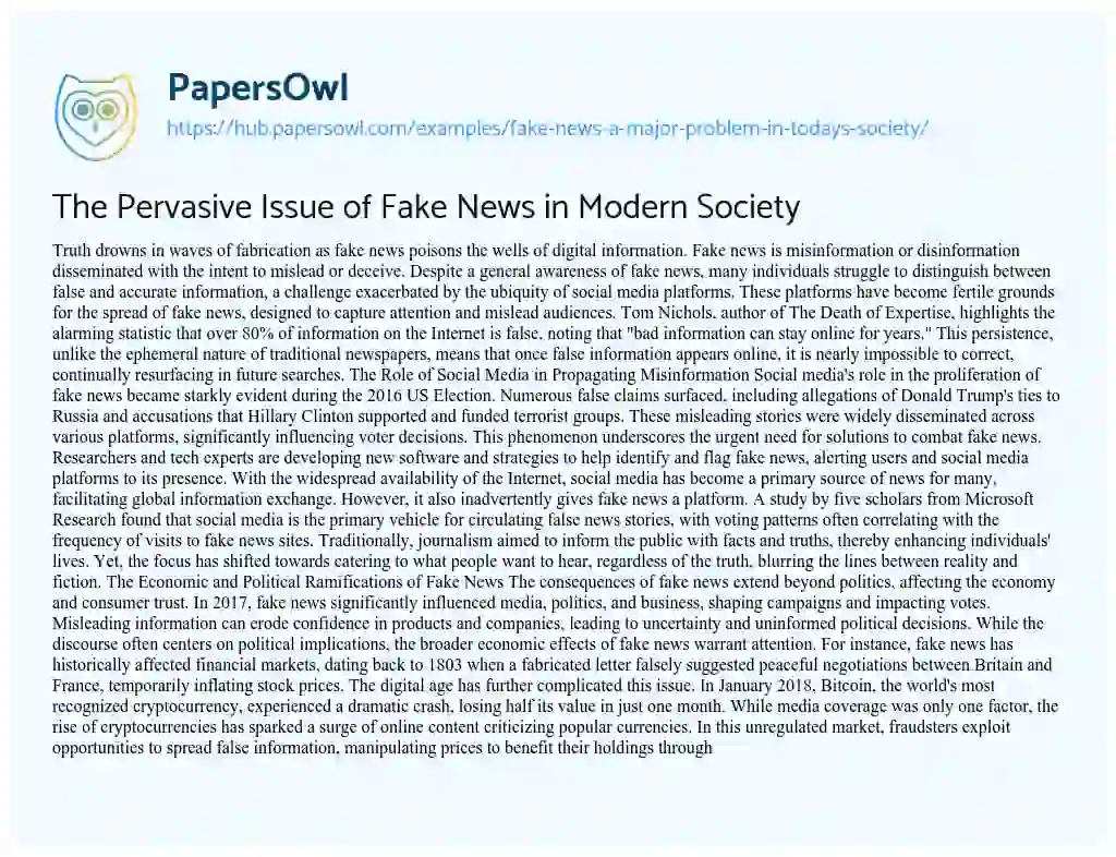 Essay on The Pervasive Issue of Fake News in Modern Society