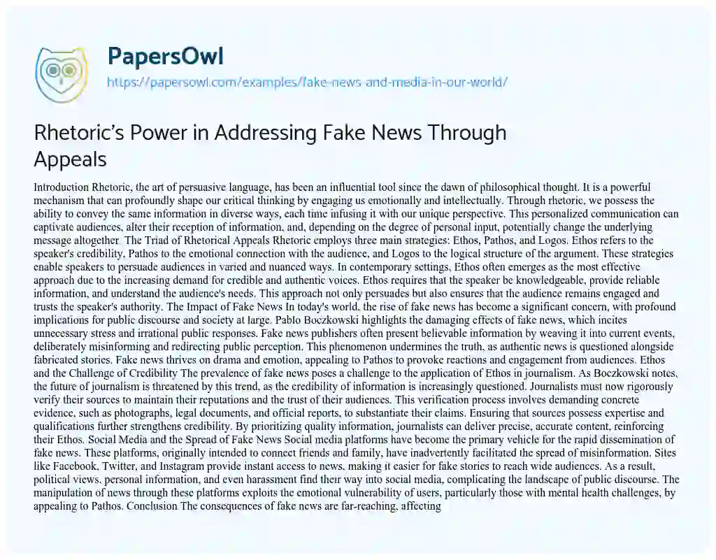 Essay on Rhetoric’s Power in Addressing Fake News Through Appeals