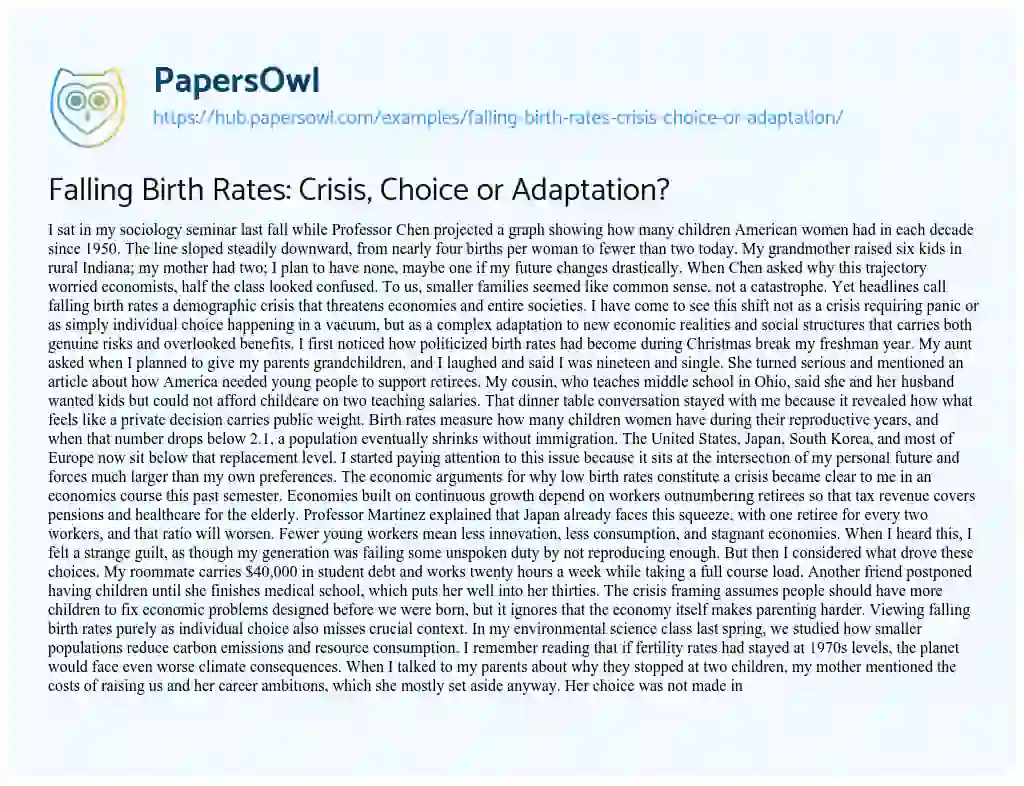 Essay on Falling Birth Rates: Crisis, Choice or Adaptation?