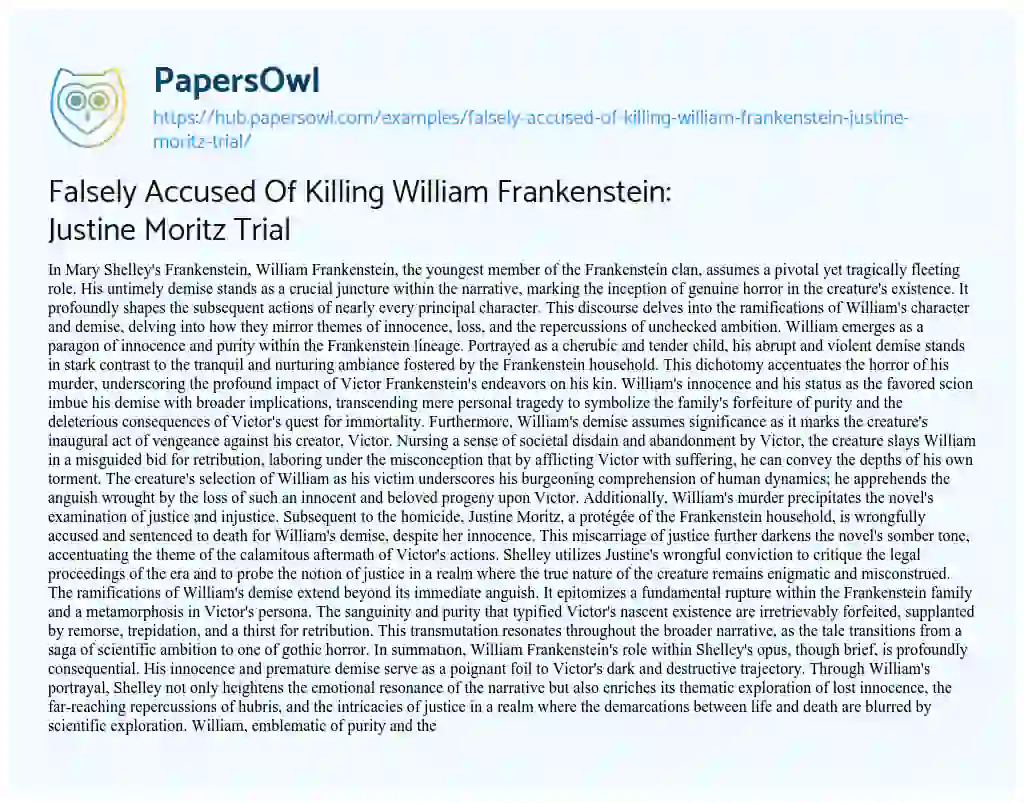 Essay on Falsely Accused Of Killing William Frankenstein: Justine Moritz Trial