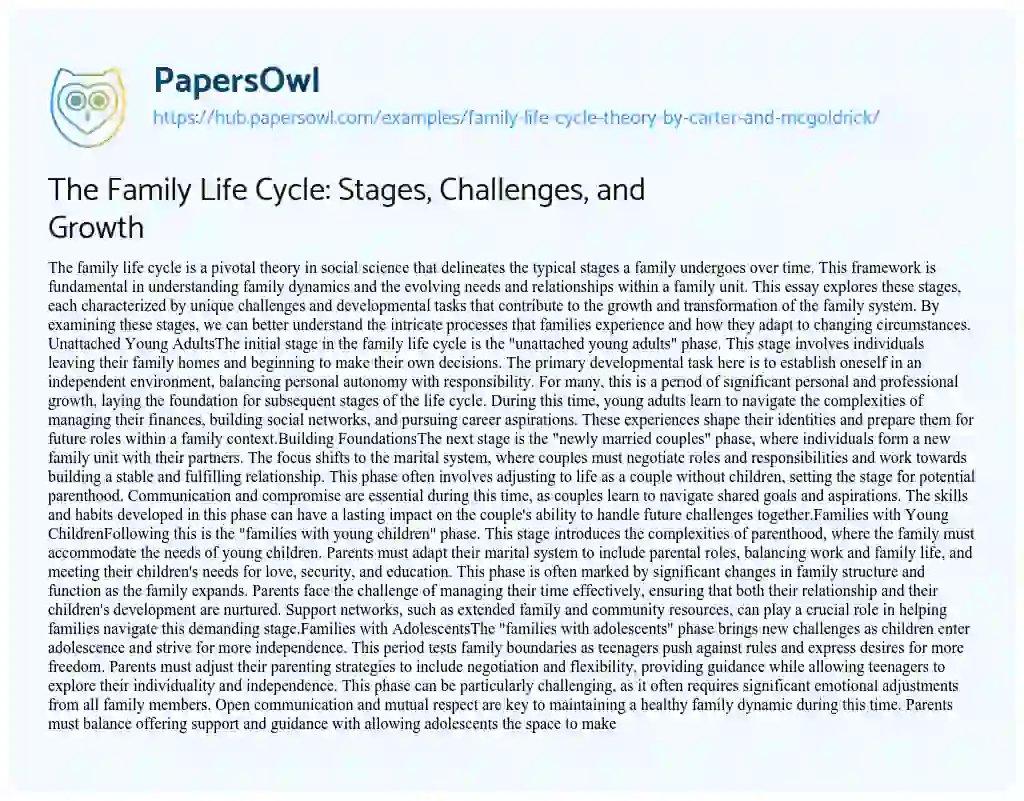 Essay on The Family Life Cycle: Stages, Challenges, and Growth