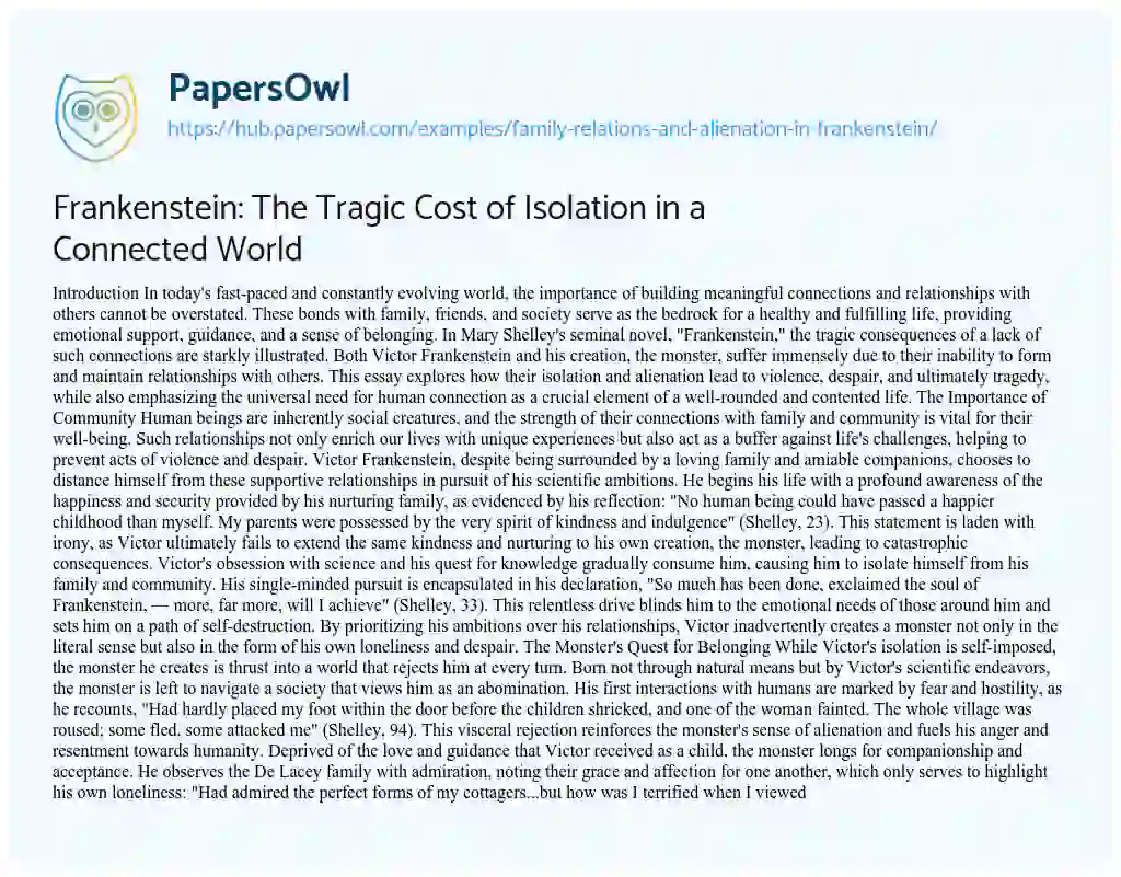 Essay on Frankenstein: The Tragic Cost of Isolation in a Connected World