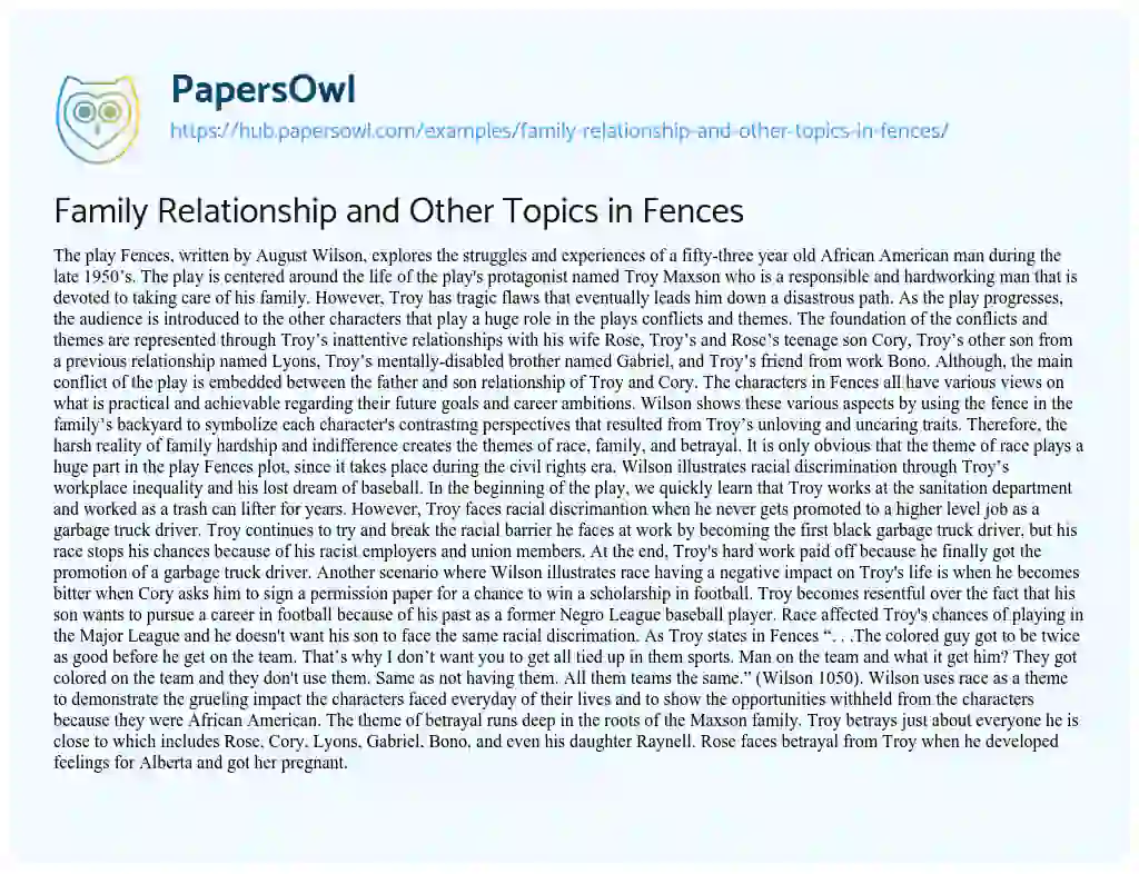 Essay on Family Relationship and Other Topics in Fences