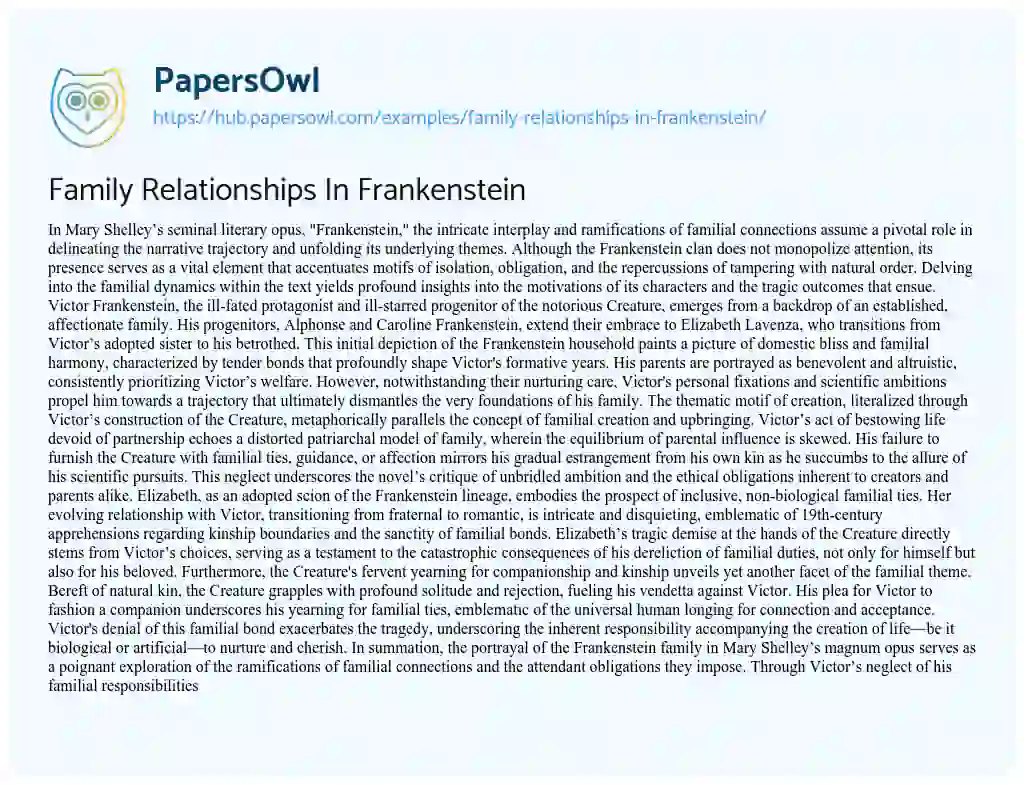 Essay on Family Relationships In Frankenstein