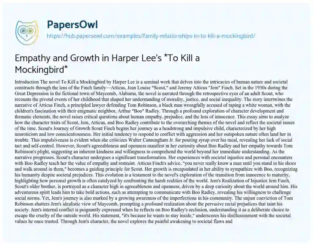 Essay on Empathy and Growth in Harper Lee’s *To Kill a Mockingbird*