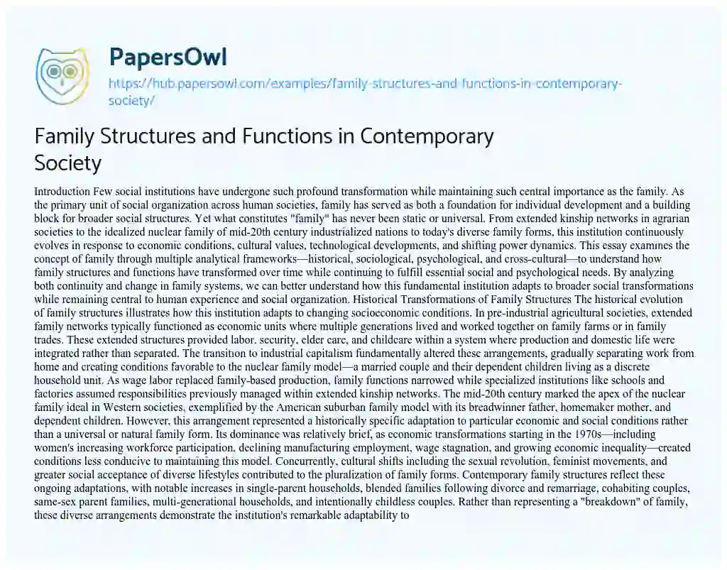Essay on Family Structures and Functions in Contemporary Society