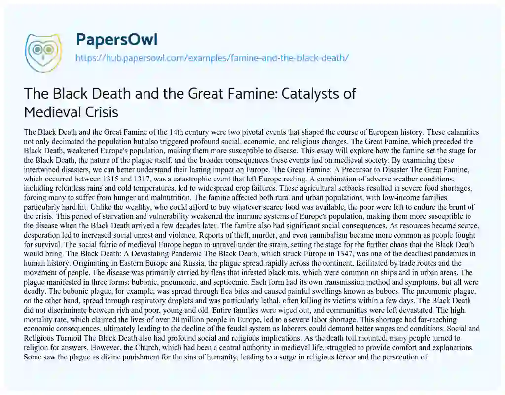 Essay on The Black Death and the Great Famine: Catalysts of Medieval Crisis