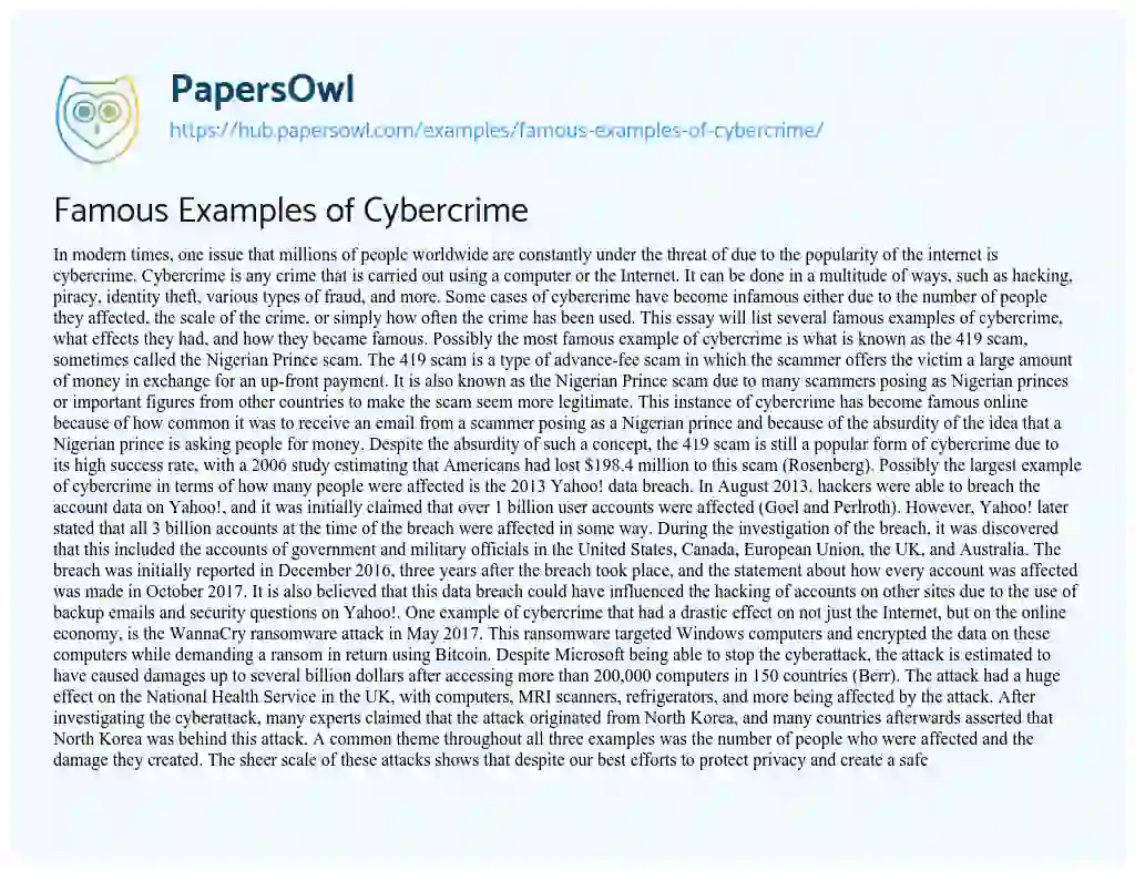 Essay on Famous Examples of Cybercrime