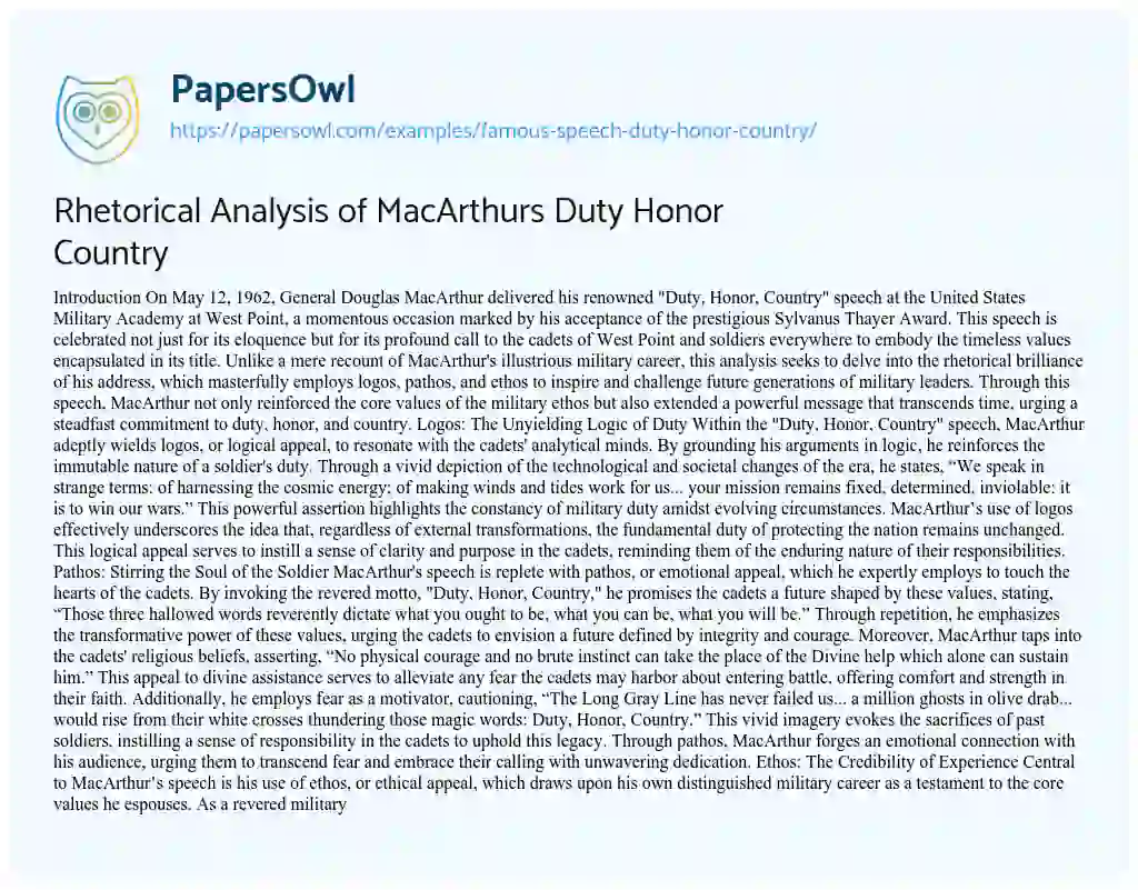 Essay on Rhetorical Analysis of MacArthurs Duty Honor Country