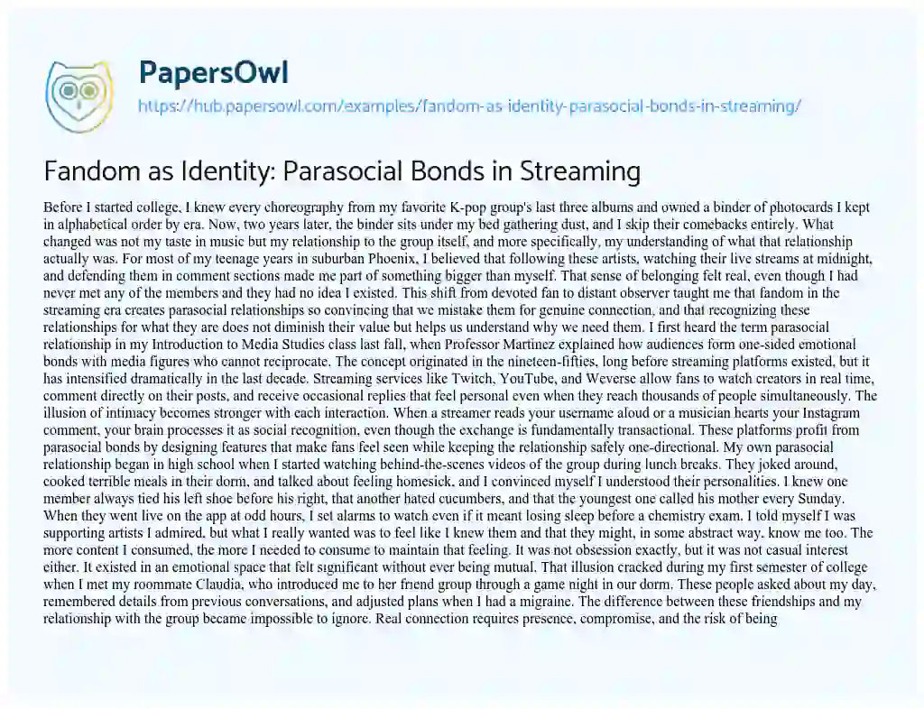 Essay on Fandom as Identity: Parasocial Bonds in Streaming
