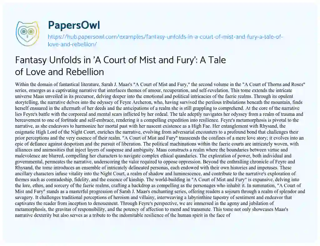 Essay on Fantasy Unfolds in ‘A Court of Mist and Fury’: A Tale of Love and Rebellion