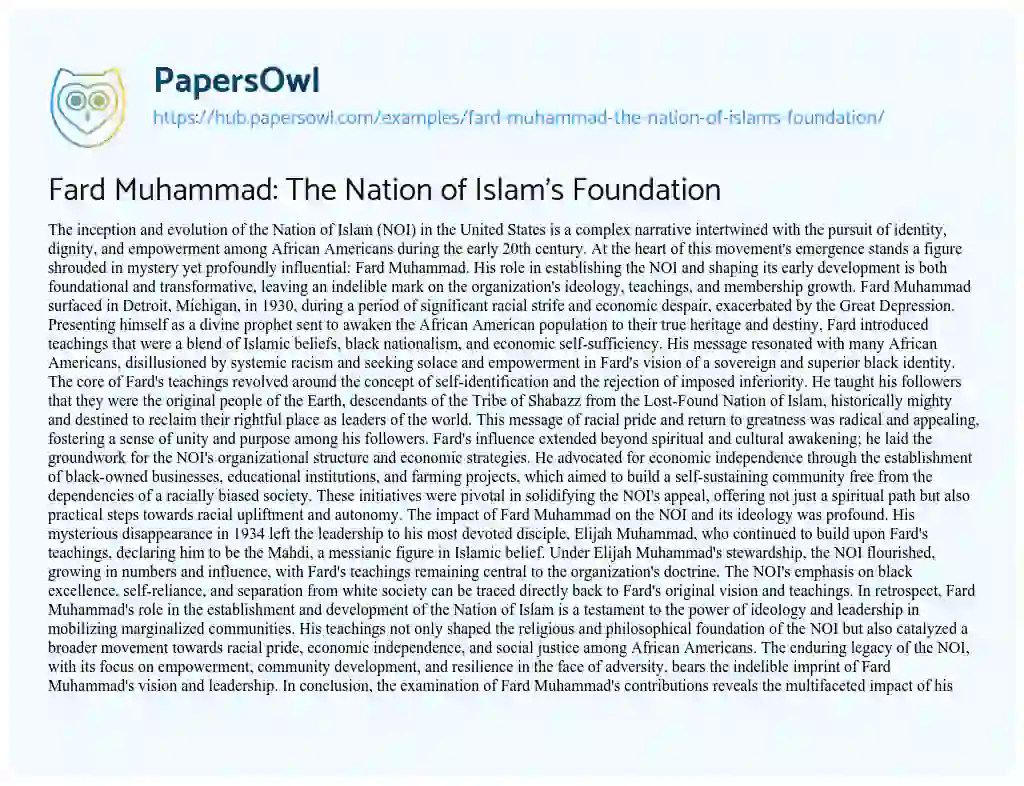 Essay on Fard Muhammad: The Nation of Islam’s Foundation
