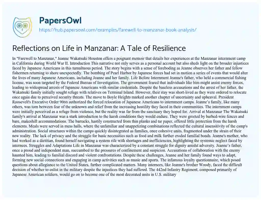 Essay on Reflections on Life in Manzanar: A Tale of Resilience