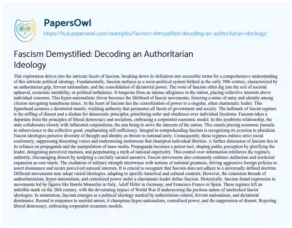 Essay on Fascism Demystified: Decoding an Authoritarian Ideology
