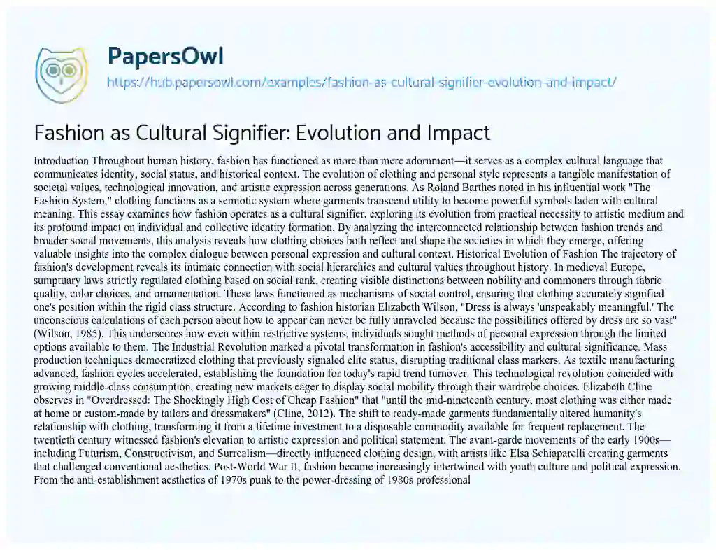 Essay on Fashion as Cultural Signifier: Evolution and Impact