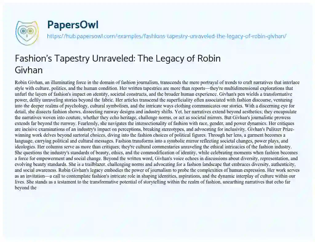 Essay on Fashion’s Tapestry Unraveled: The Legacy of Robin Givhan