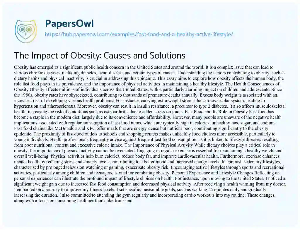 Essay on The Impact of Obesity: Causes and Solutions