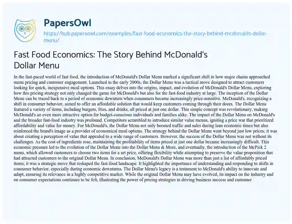 Essay on Fast Food Economics: The Story Behind McDonald’s Dollar Menu