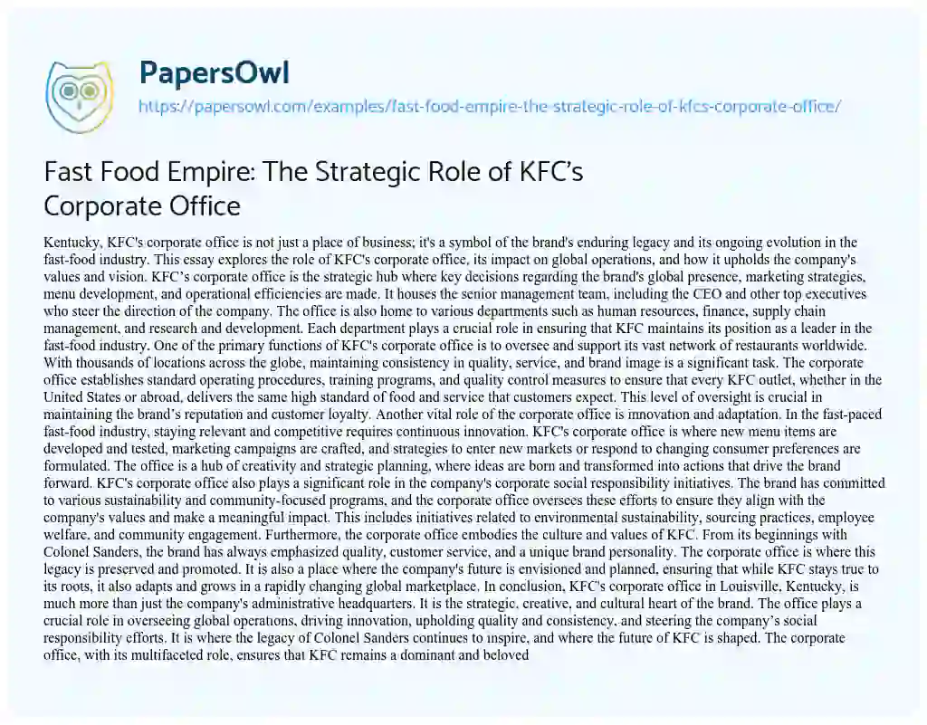 Essay on Fast Food Empire: The Strategic Role of KFC’s Corporate Office
