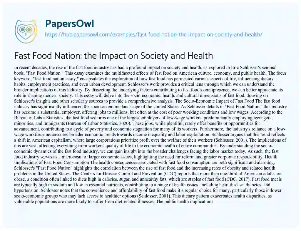 Essay on Fast Food Nation: the Impact on Society and Health