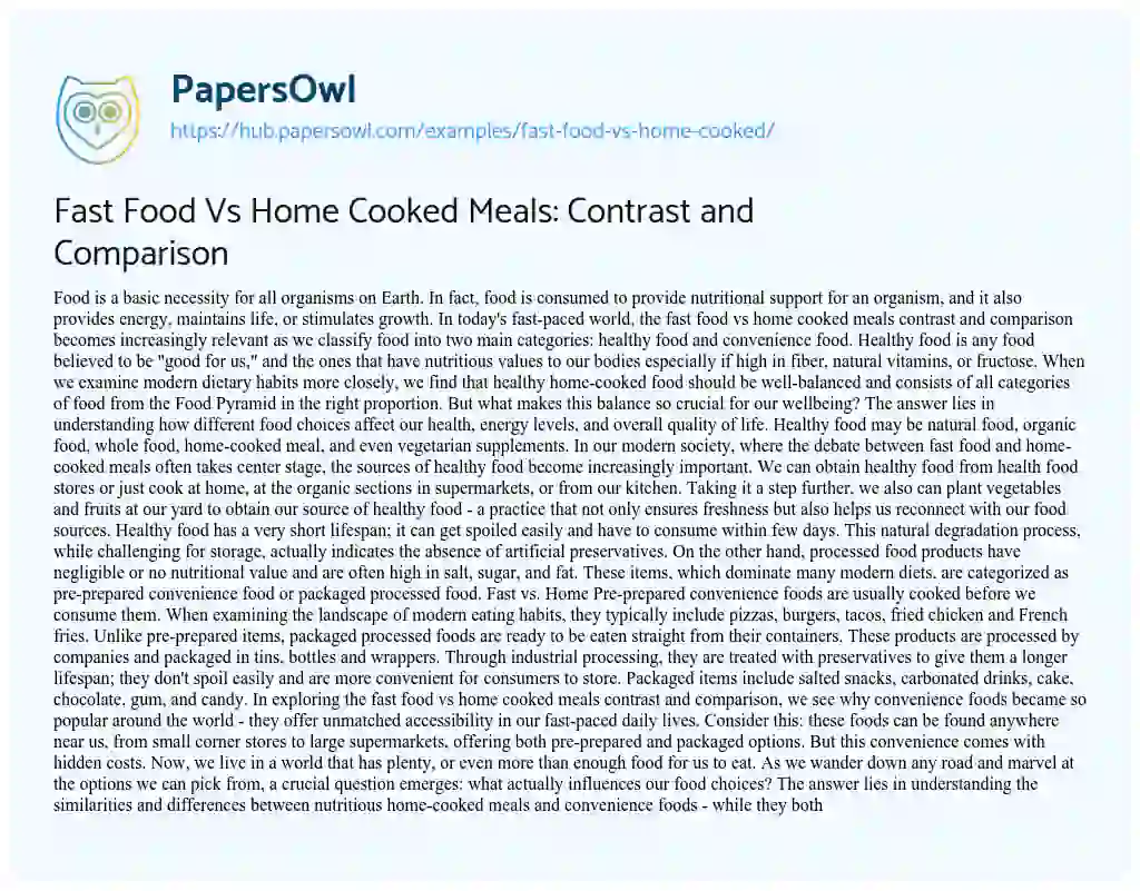 Essay on Fast Food Vs Home Cooked Meals: Contrast and Comparison