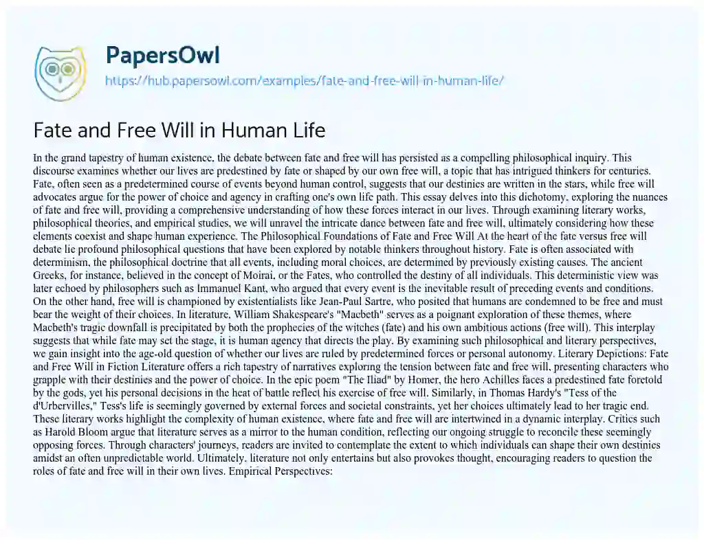 Essay on Fate and Free Will in Human Life