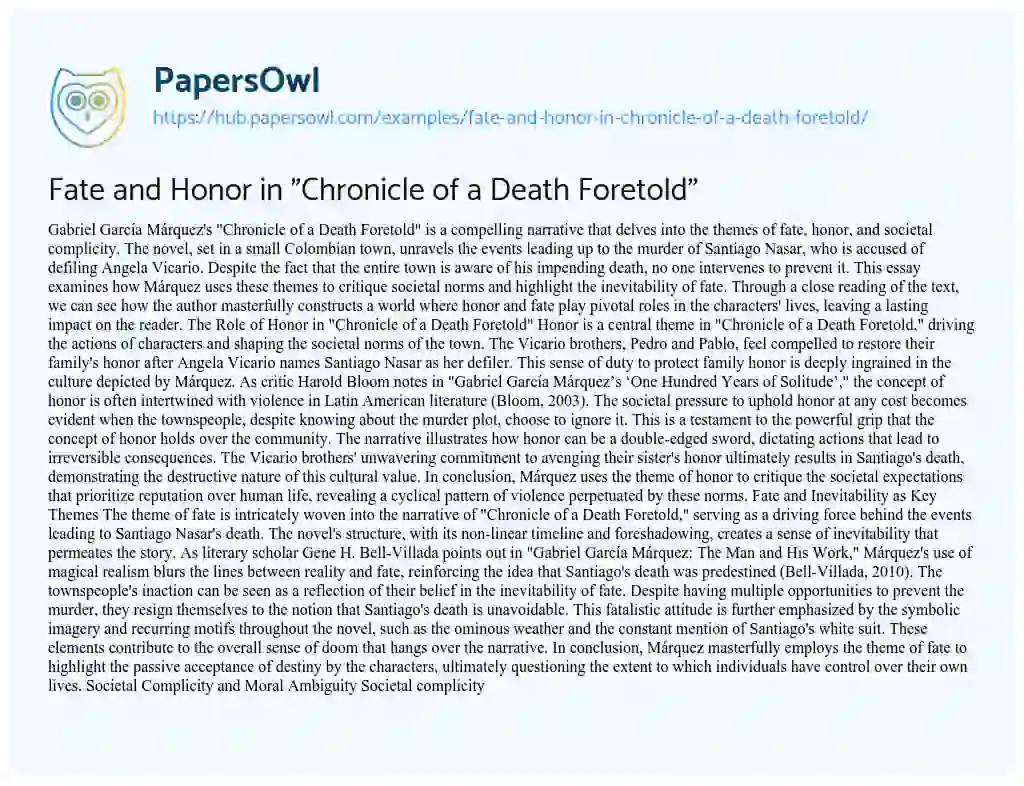 Essay on Fate and Honor in “Chronicle of a Death Foretold”
