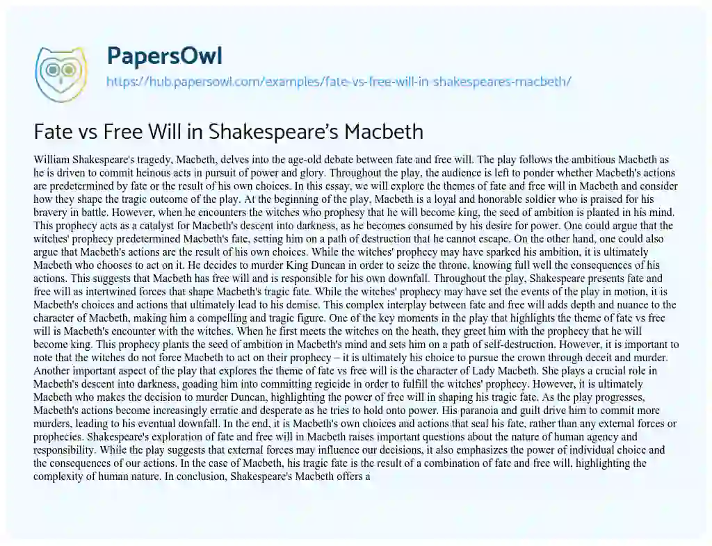 Essay on Fate vs Free Will in Shakespeare’s Macbeth