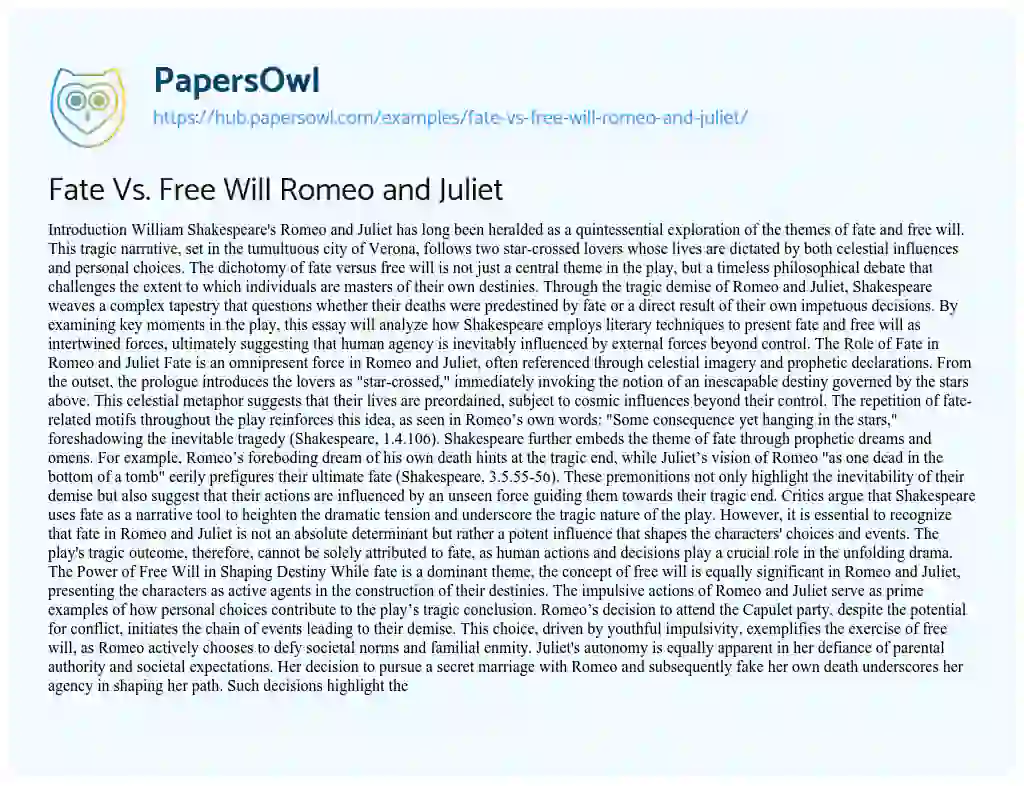 Essay on Fate Vs. Free Will Romeo and Juliet