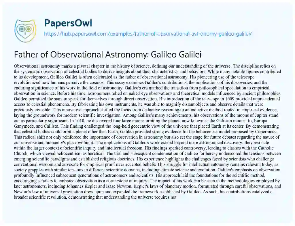Essay on Father of Observational Astronomy: Galileo Galilei
