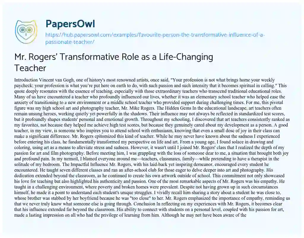Essay on Mr. Rogers’ Transformative Role as a Life-Changing Teacher