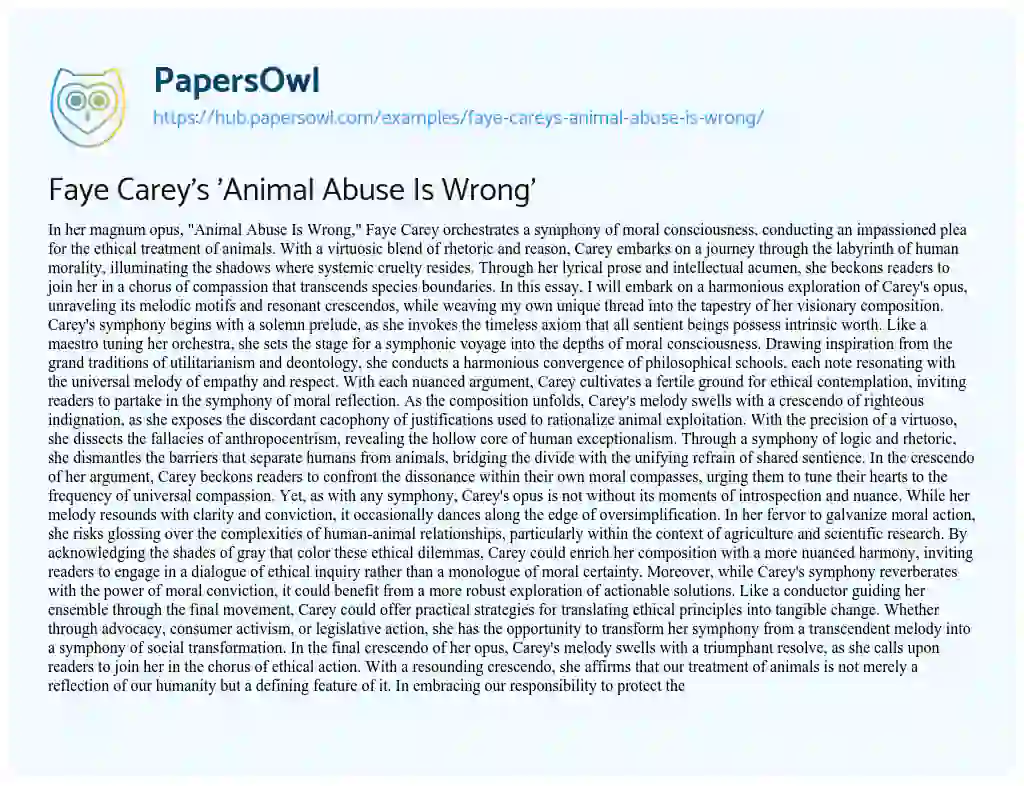 Essay on Faye Carey’s ‘Animal Abuse Is Wrong’