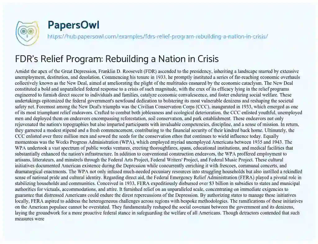 Essay on FDR’s Relief Program: Rebuilding a Nation in Crisis
