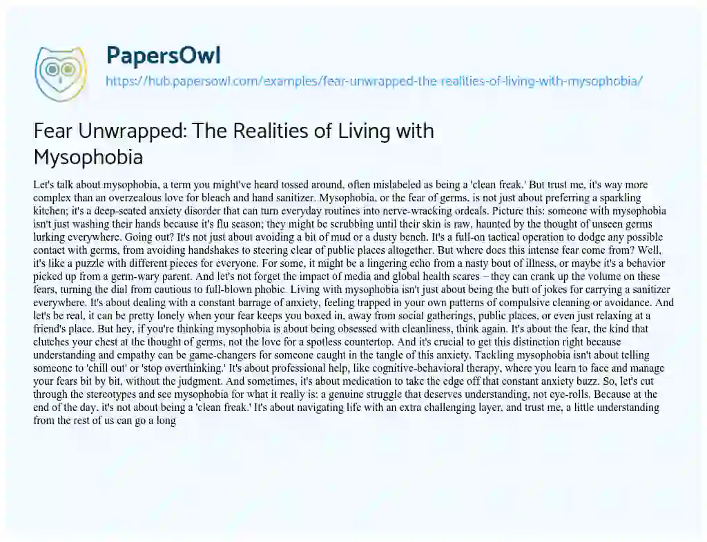 Essay on Fear Unwrapped: The Realities of Living with Mysophobia