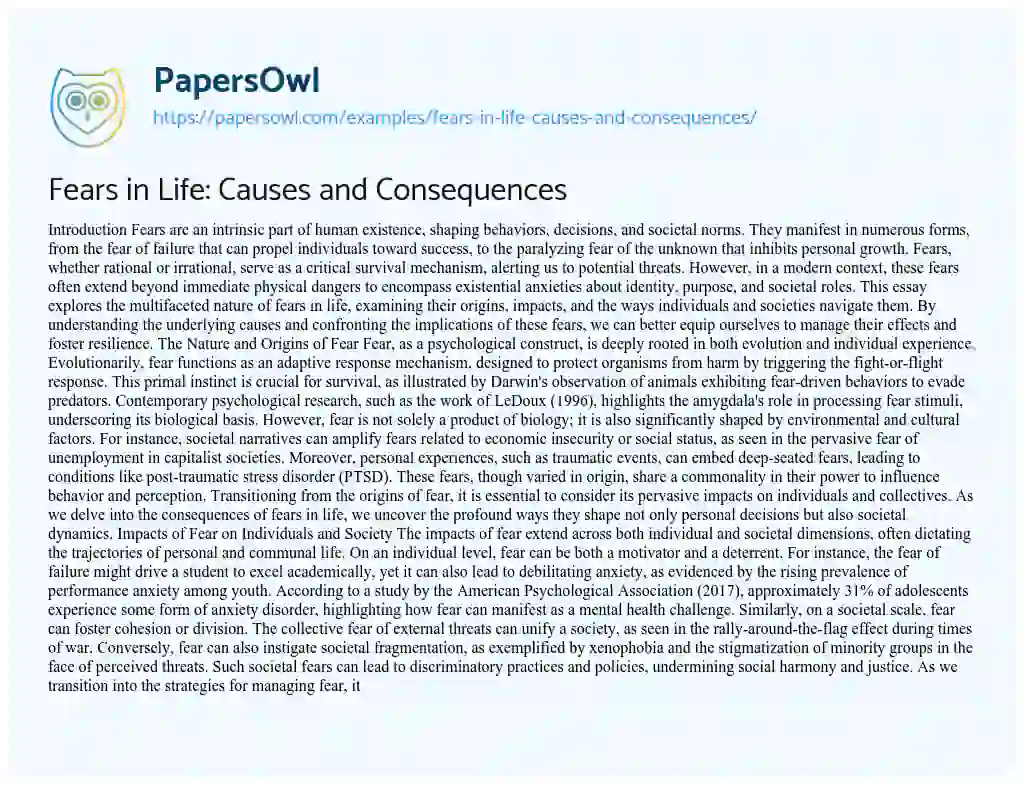 Essay on Fears in Life: Causes and Consequences