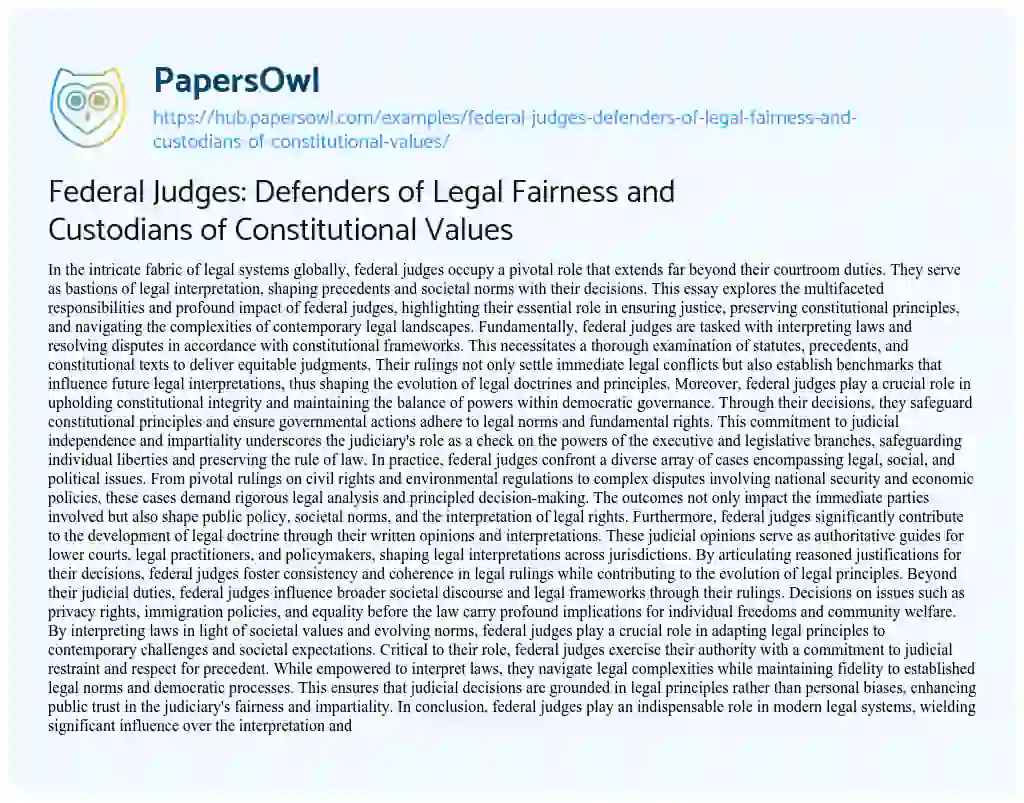 Essay on Federal Judges: Defenders of Legal Fairness and Custodians of Constitutional Values