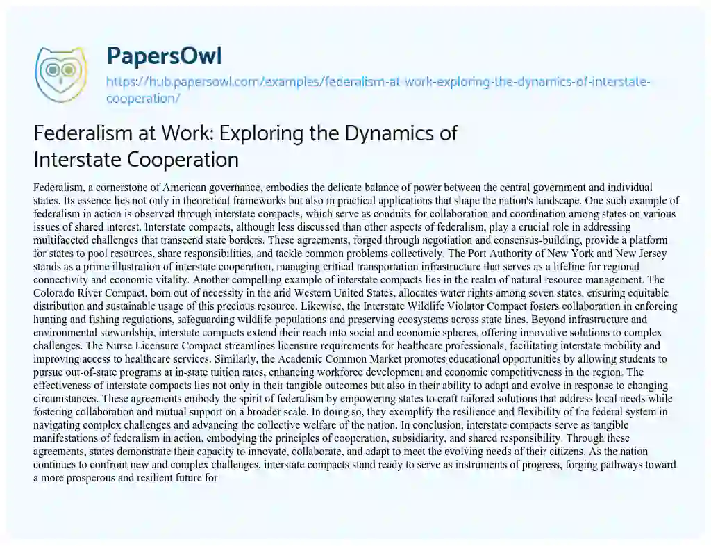 Essay on Federalism at Work: Exploring the Dynamics of Interstate Cooperation