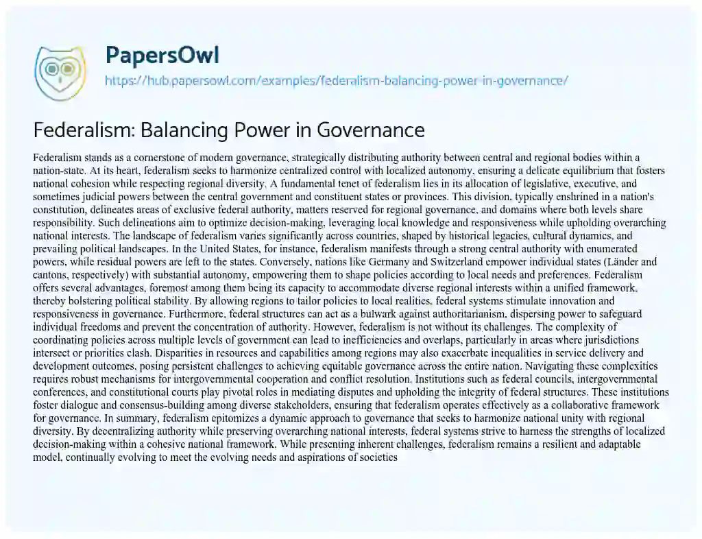 Essay on Federalism: Balancing Power in Governance