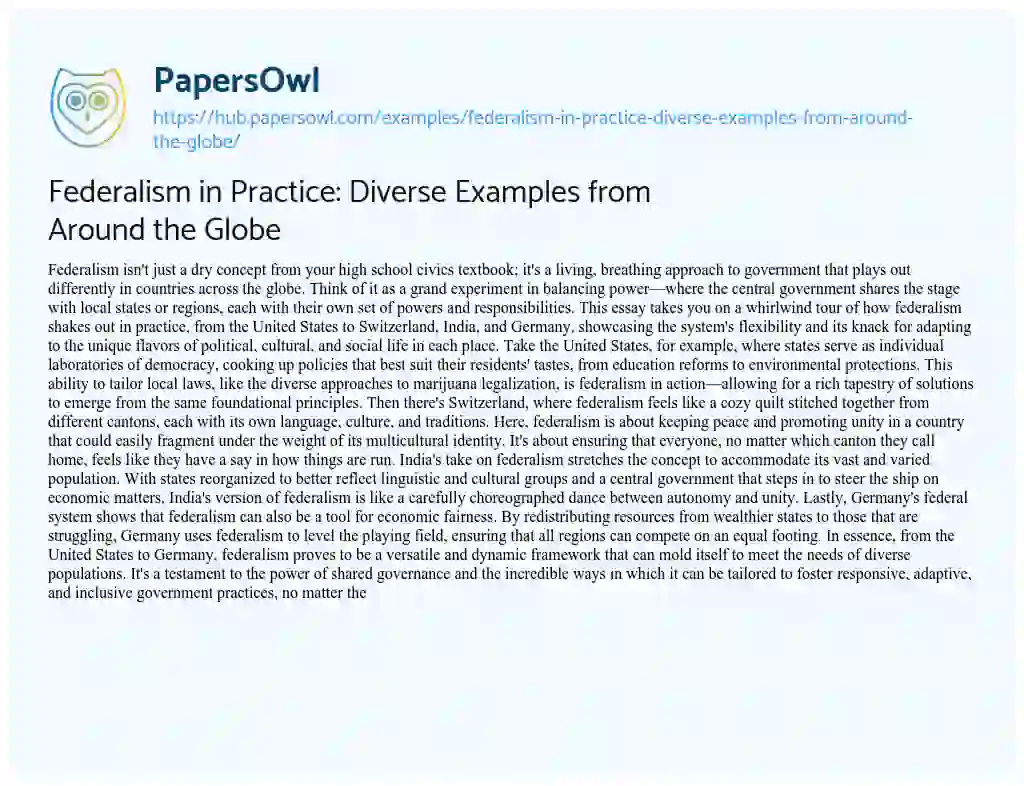 Essay on Federalism in Practice: Diverse Examples from Around the Globe