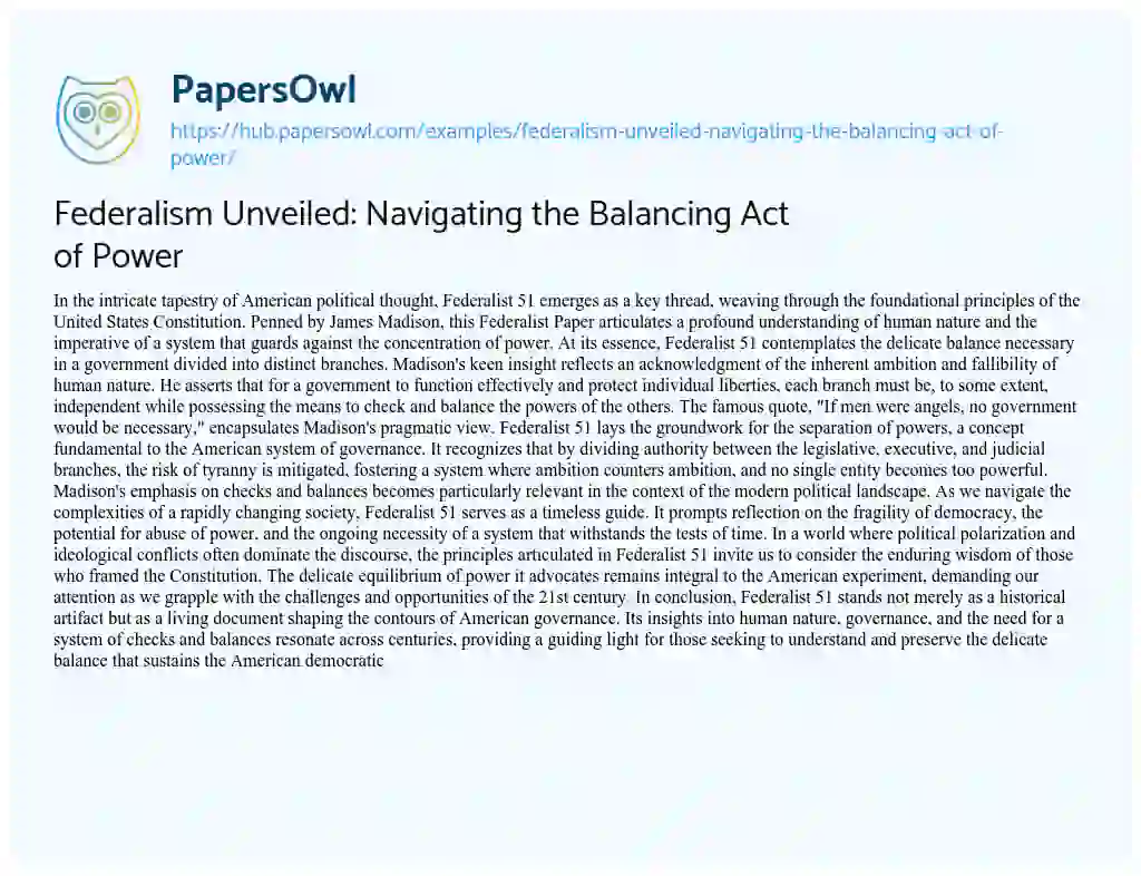 Essay on Federalism Unveiled: Navigating the Balancing Act of Power