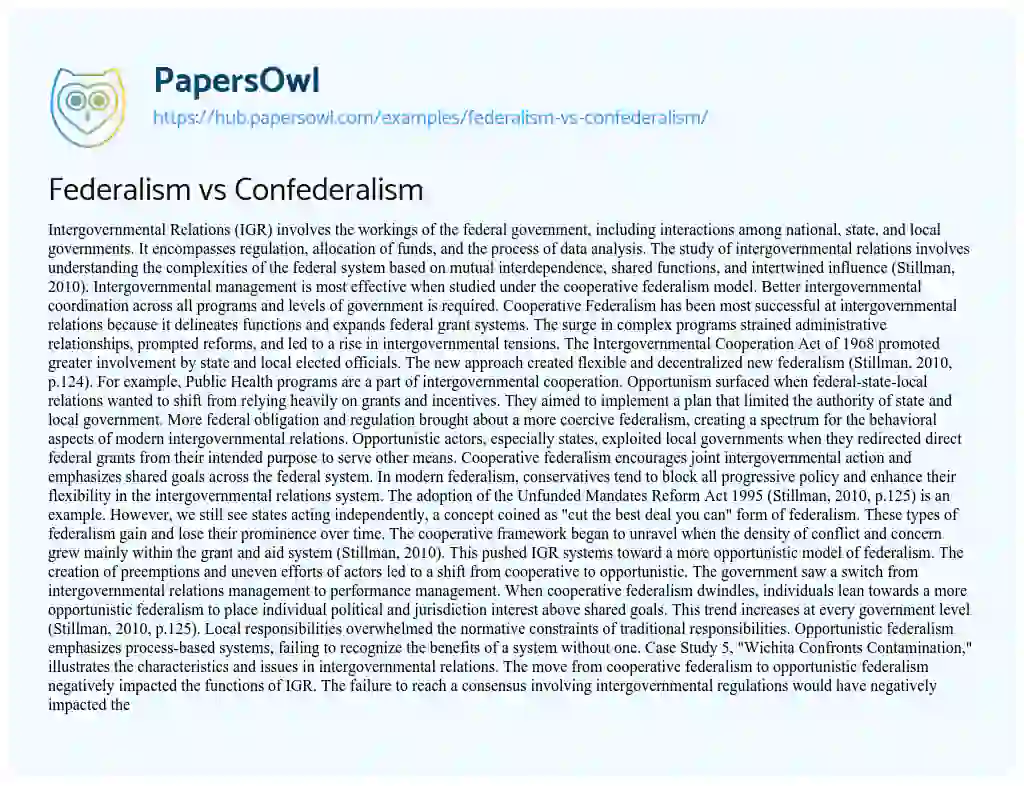 Essay on Federalism vs Confederalism