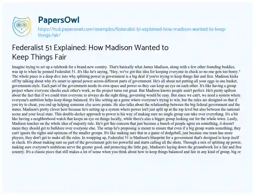Essay on Federalist 51 Explained: How Madison Wanted to Keep Things Fair