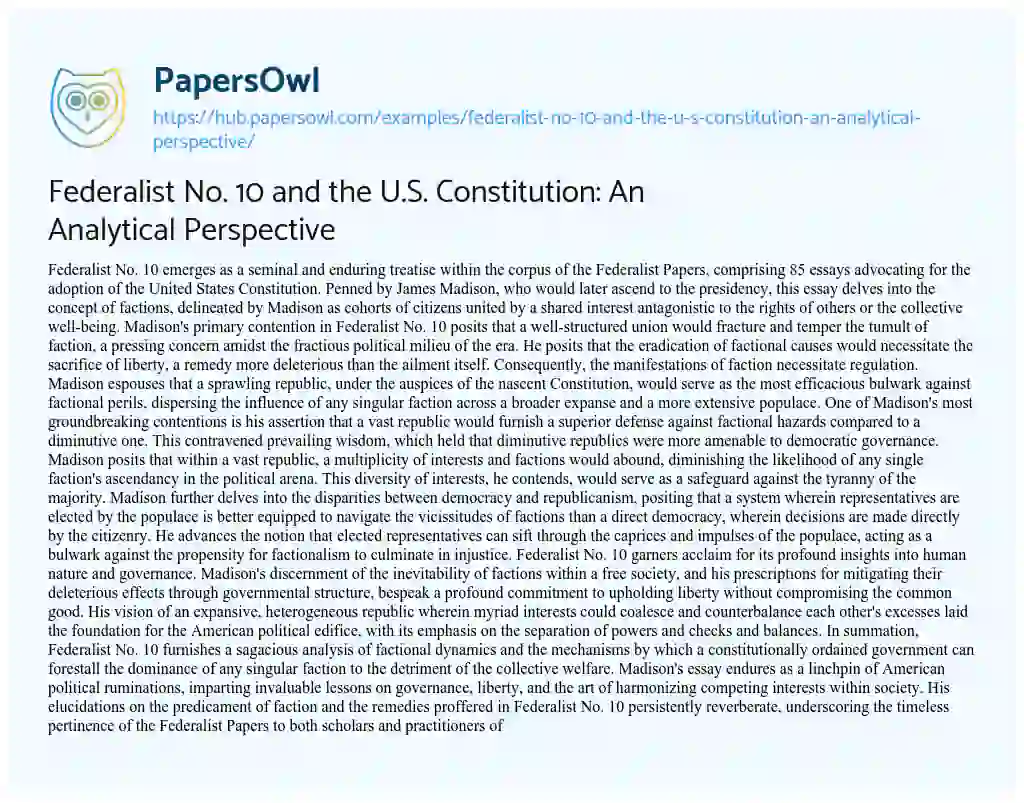 Essay on Federalist No. 10 and the U.S. Constitution: An Analytical Perspective