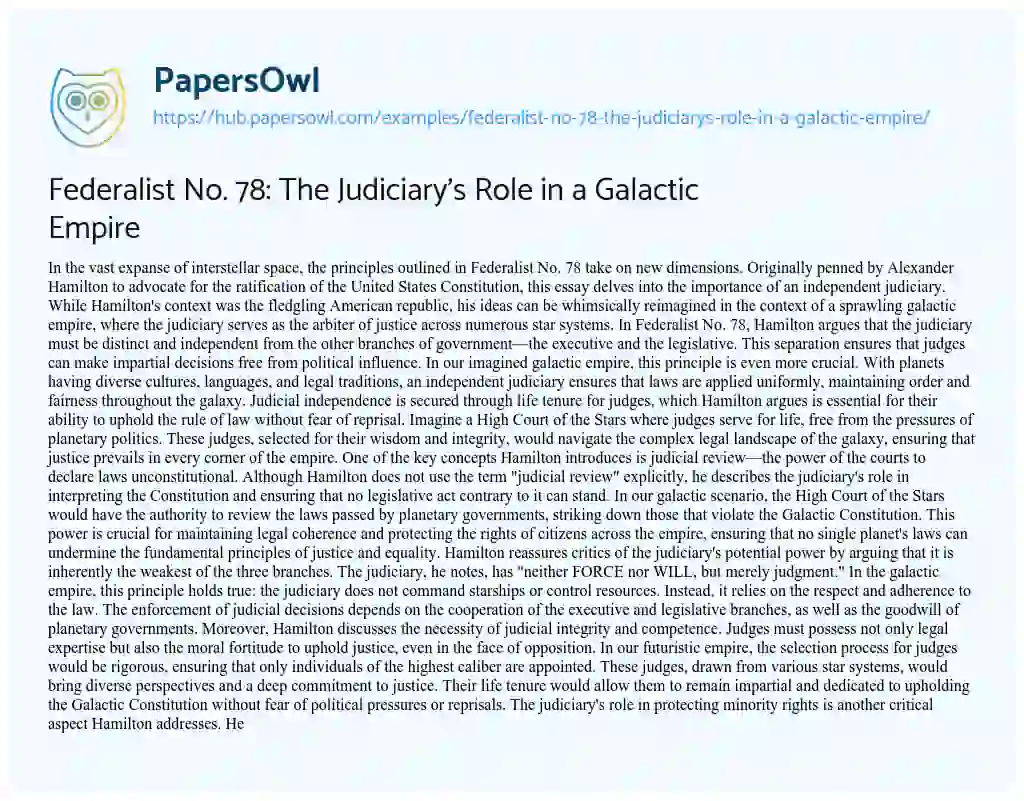 Essay on Federalist No. 78: The Judiciary’s Role in a Galactic Empire