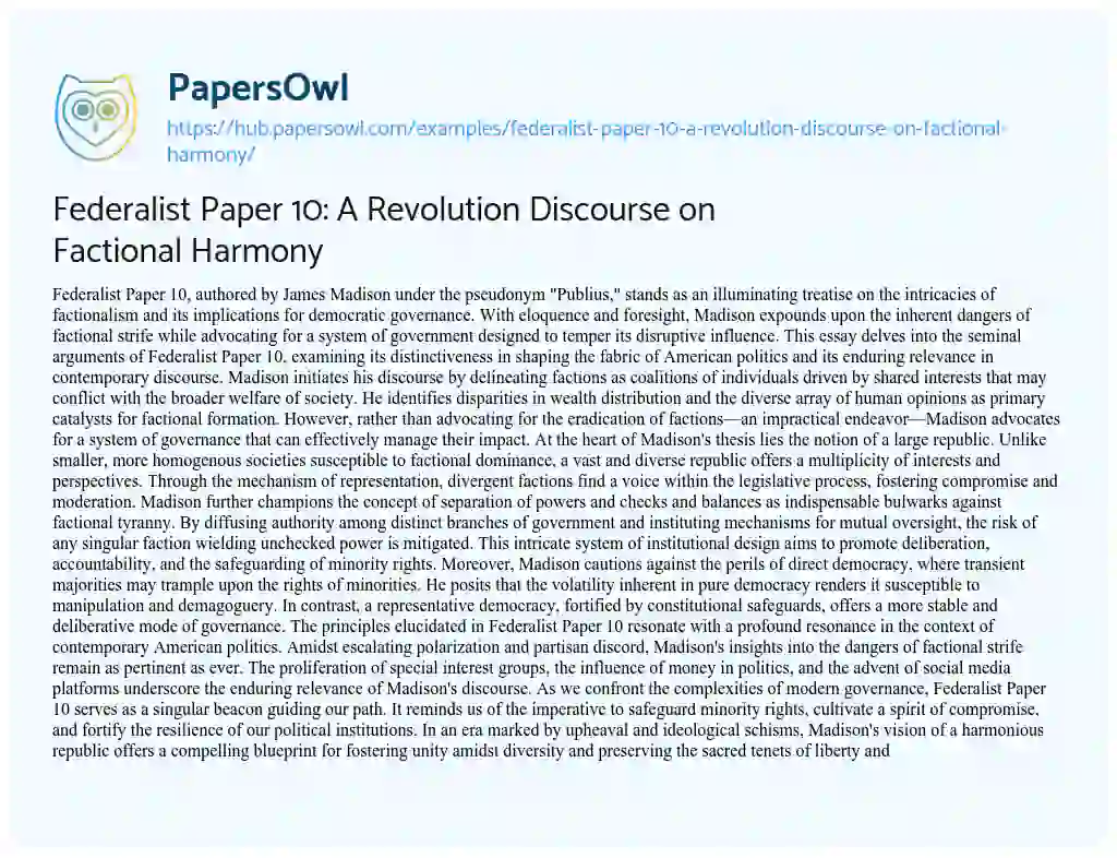 Essay on Federalist Paper 10: A Revolution Discourse on Factional Harmony