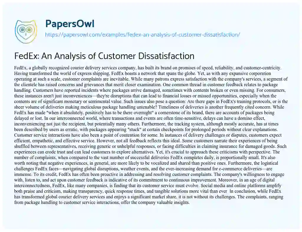 Essay on FedEx: An Analysis of Customer Dissatisfaction