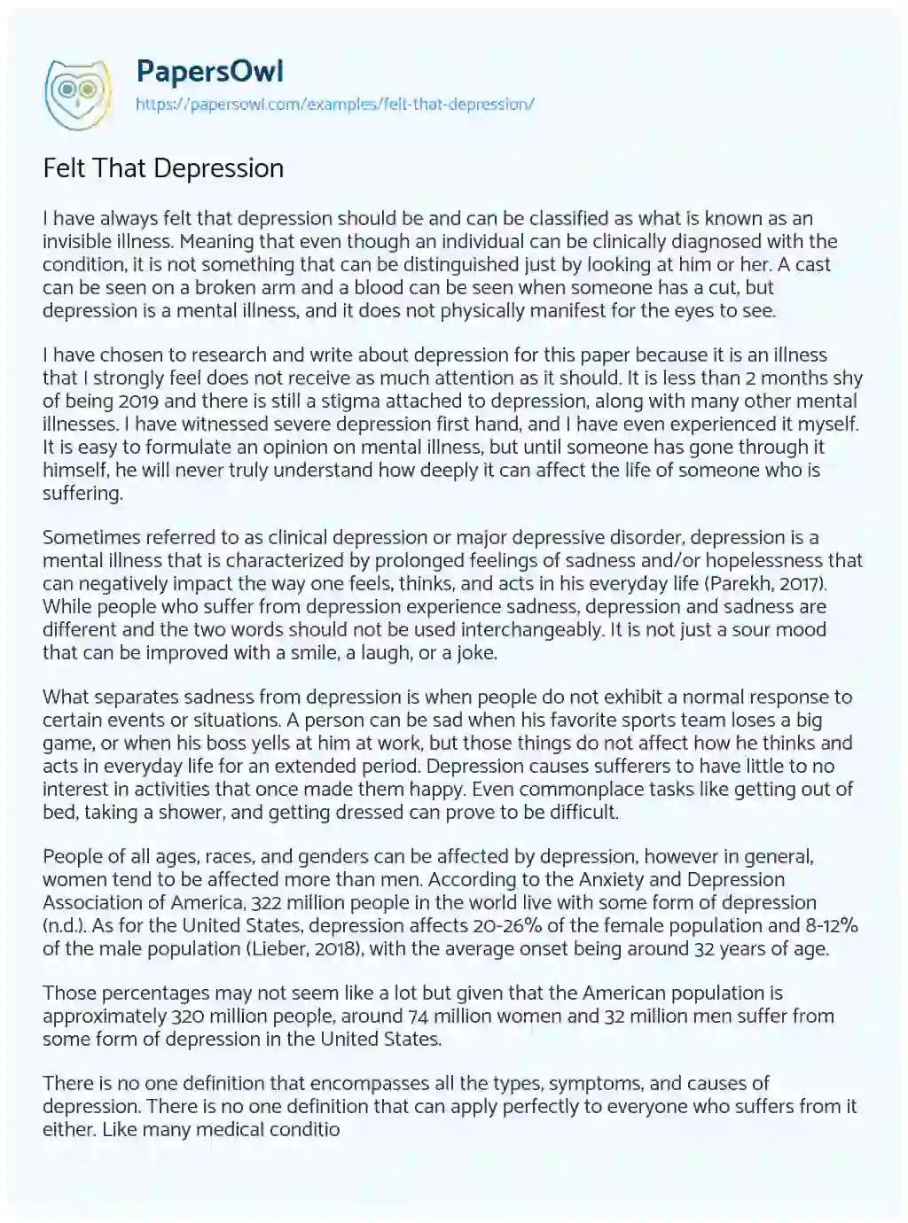 Essay on Felt That Depression