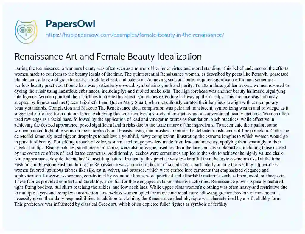 Essay on Renaissance Art and Female Beauty Idealization
