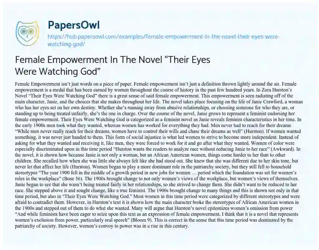 Essay on Female Empowerment In The Novel “Their Eyes Were Watching God”