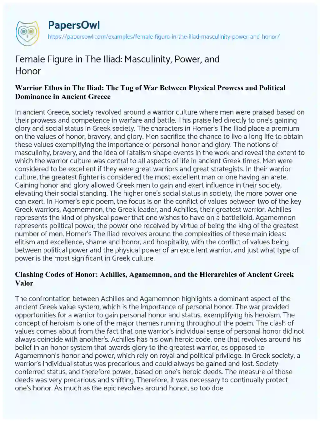 Essay on Female Figure in The Iliad: Masculinity, Power, and Honor